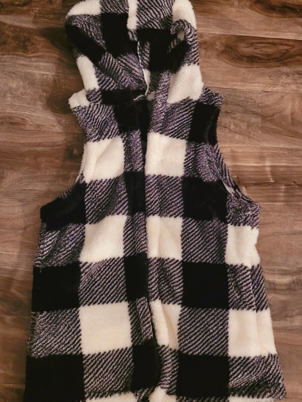 JustFab Black and White Buffalo Plaid Hooded Faux Fur Vest